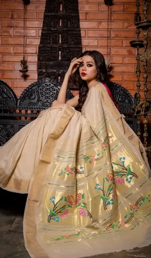 Beige Handloom Cotton Paithani Saree