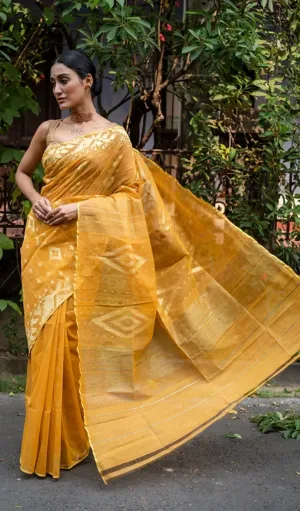Golden Yellow Handloom Dhakai Jamdani Saree