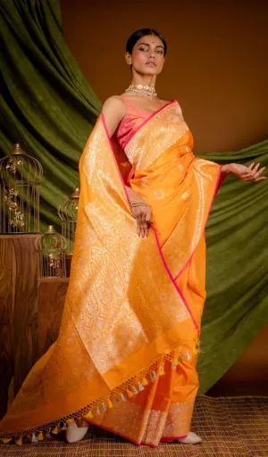 Orange Handloom Katan Silk Banarasi Saree