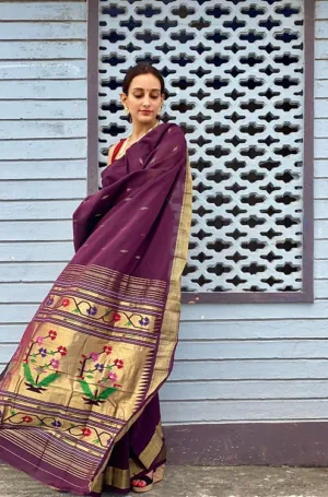 Wine Purple Cotton Paithani Saree