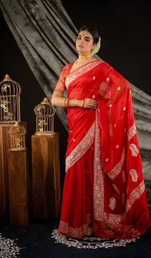 Bright Red Banarasi Khaddi Georgette Saree