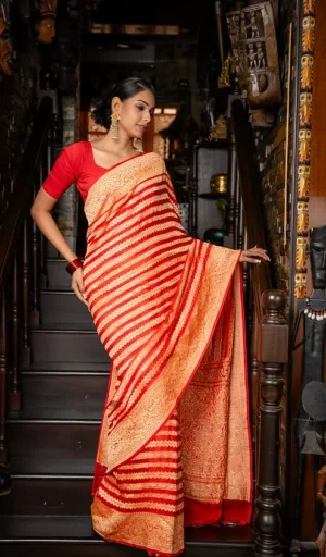 Red & Cream Khaddi Georgette Banarasi Saree