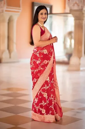 Red Handwoven Pure Chiffon Tilfi Banarasi Saree