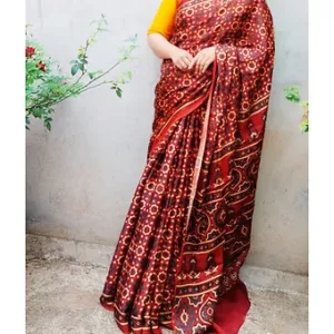 Rust Red & Black Modal Silk Ajrakh Saree