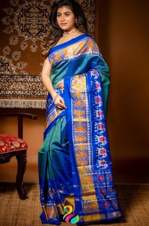 Blue & Green Mulberry Silk Handcrafted Single Ikat Patola Saree