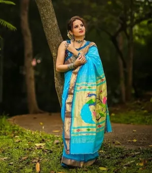 Blue Cotton Paithani Saree